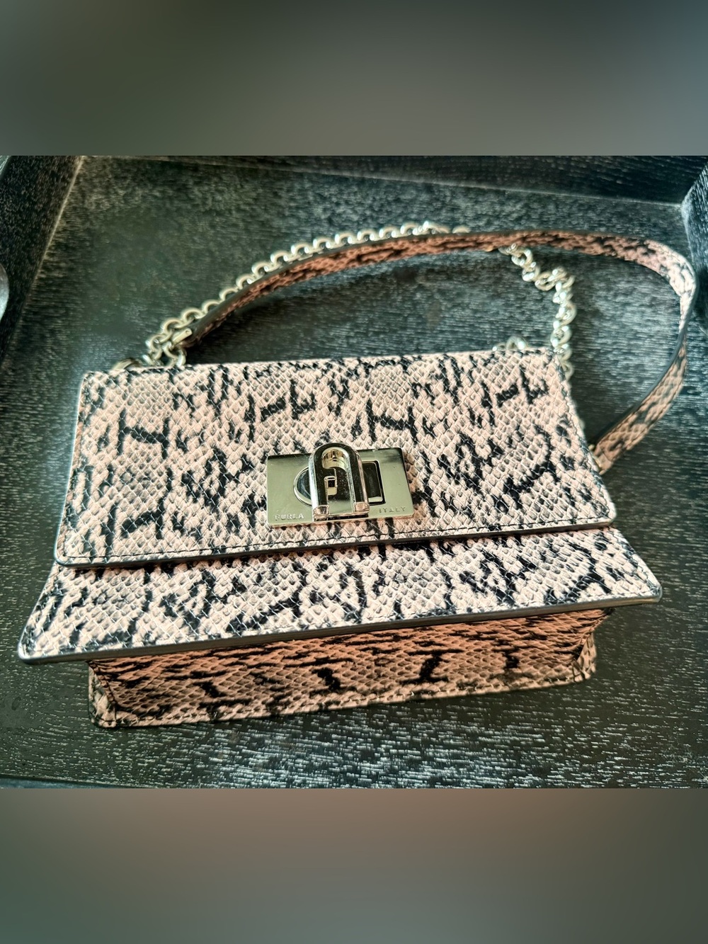 Furla Pink and Black Snake-Print Chain Shoulder Bag